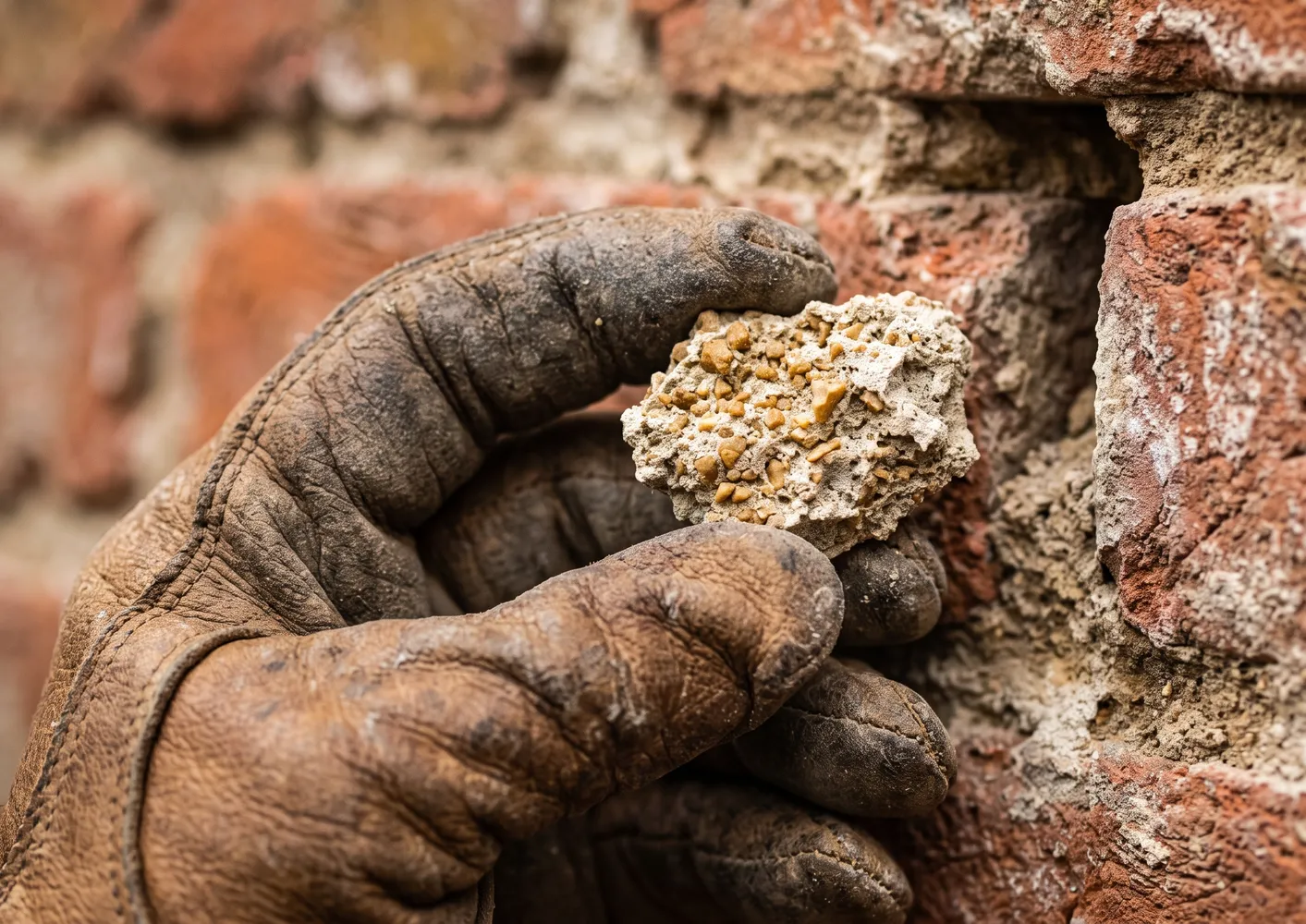Mason holding a crumbling piece of old lime mortar removed during Brick Mortar Repair