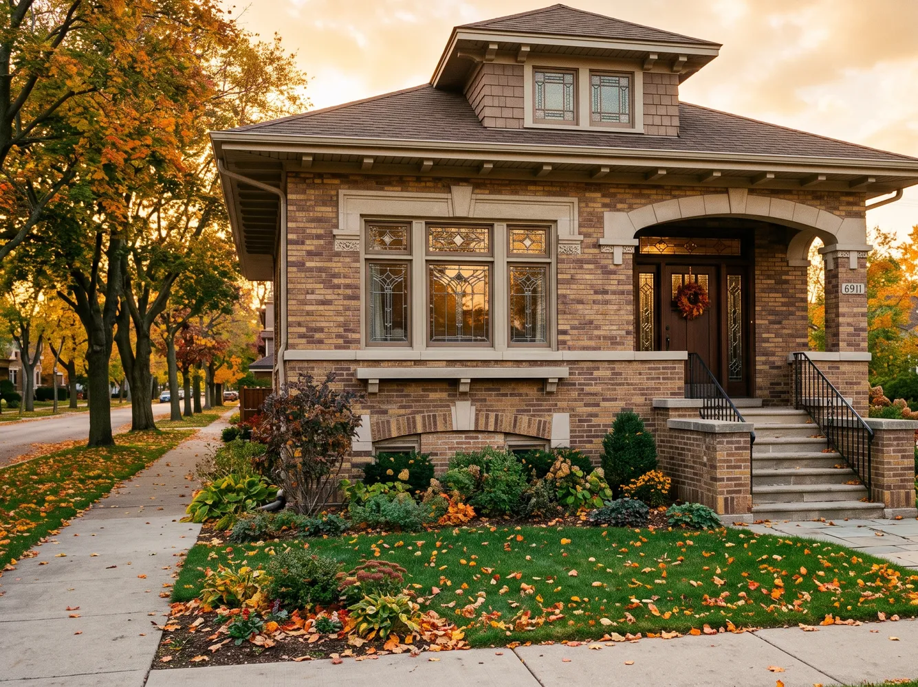 Classic Chicago bungalow with brick facade and limestone trim preserved by Historic Brick Restoration