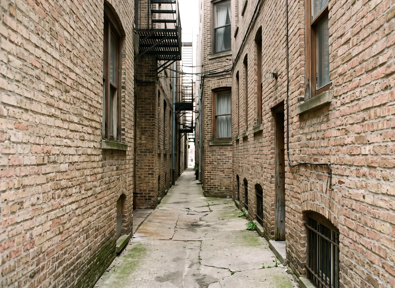 Narrow Chicago gangway between brick buildings with weathered joints in need of Brick Mortar Repair