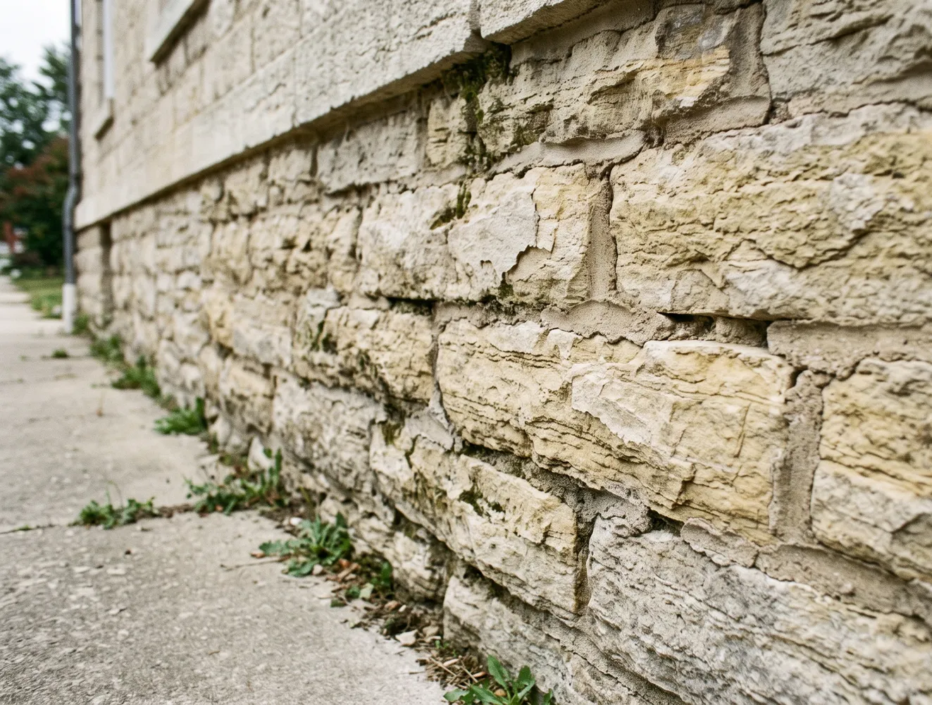 Delaminating limestone foundation wall with open joints in need of Stone Mortar Repair